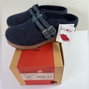 Haflinger Haley Blue Wool Felt Clogs Double Buckle Cork Footbed EU 41 NWT